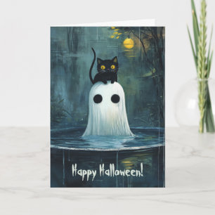 Carte De Remerciements Happy Halloween Chat et fantôme dans un bassin