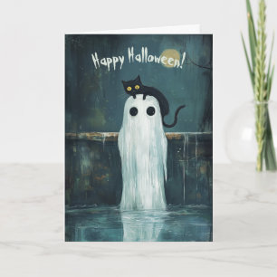 Carte De Remerciements Happy Halloween Chat et fantôme dans un bassin