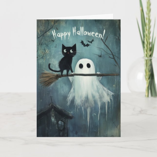 Carte De Remerciements Happy Halloween Chat et Fantôme volant avec une ch (Devant)