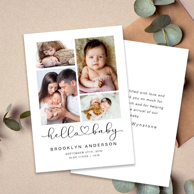Carte De Remerciements Hello Baby Modern Four Photo New Baby (Créateur téléchargé)