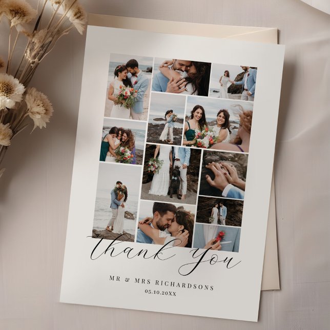 Carte De Remerciements Heureusement jamais après un collage photo Mariage (Happily Ever After Minimal Wedding Photo Collage Thank You Card)