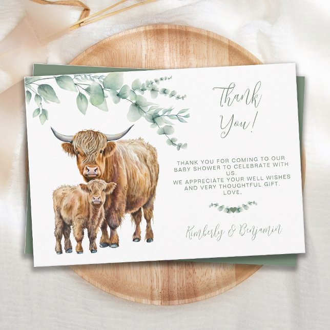 Carte De Remerciements Highland Cow Green Baby shower d'animaux de ferme (Créateur téléchargé)