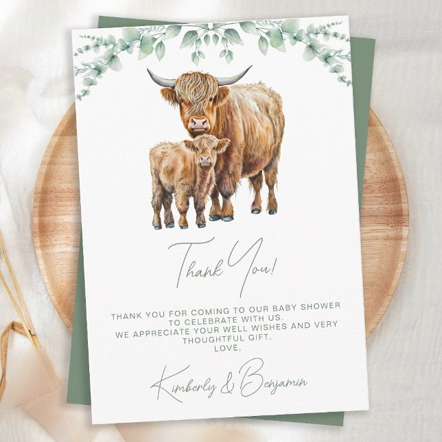 Carte De Remerciements Highland Cow Greenery Boho Farm Baby shower animal (Créateur téléchargé)