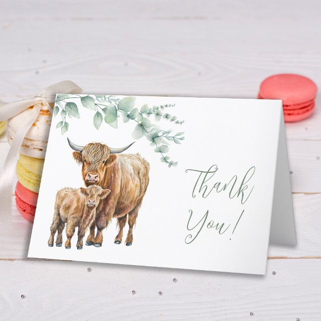 Carte De Remerciements Highland Cow Greenery Boho Farm Baby shower animal (Créateur téléchargé)