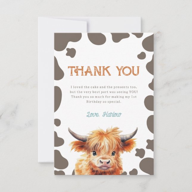 Carte De Remerciements Highland Cow Mon premier rodéo 1er anniversaire (Devant)