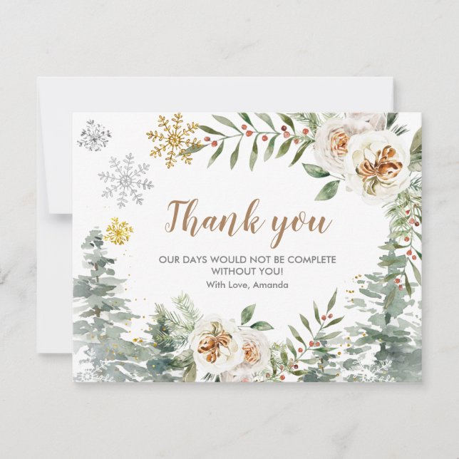 carte de remerciements Hiver Blanc Floral Pine Arb (Devant)