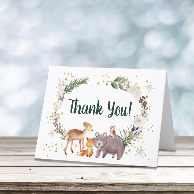 Carte De Remerciements Hiver Bois Animaux Baby shower d'aquarelle (Créateur téléchargé)