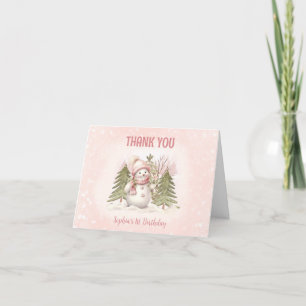 Carte De Remerciements Hiver mignon Snowman rose 1er anniversaire
