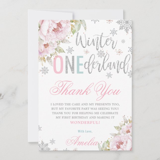 Carte De Remerciements Hiver ONE derland 1er anniversaire Floral Silver S (Devant)