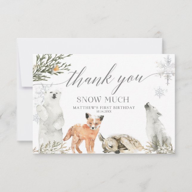Carte De Remerciements Hiver Onederland Bois Animaux Anniversaire (Devant)