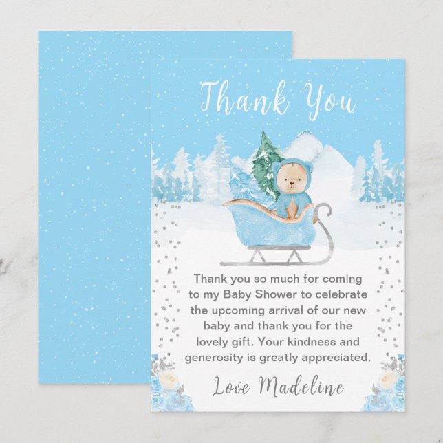 Carte De Remerciements Hiver Ours Bleu Baby shower couleigh (Devant / Derrière)