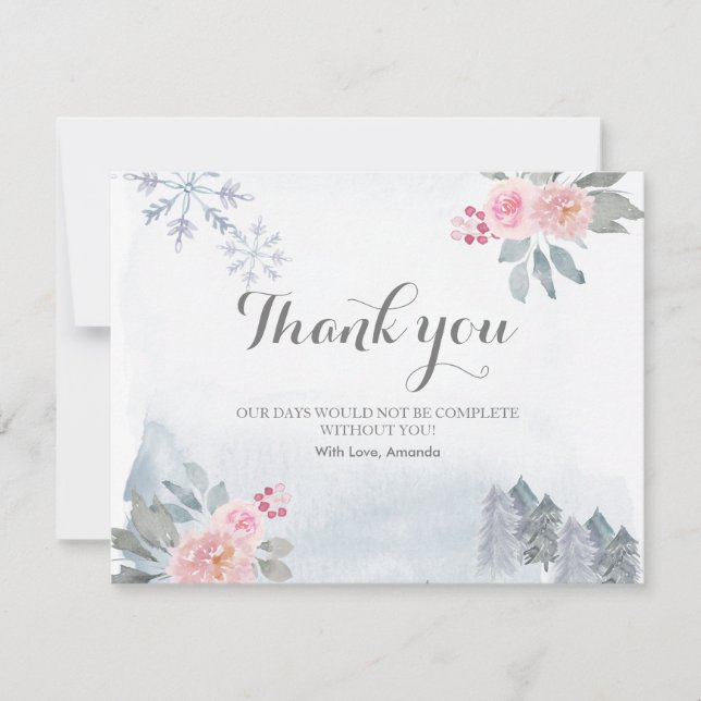carte de remerciements Hiver Rose Floral Pine Arbr (Devant)