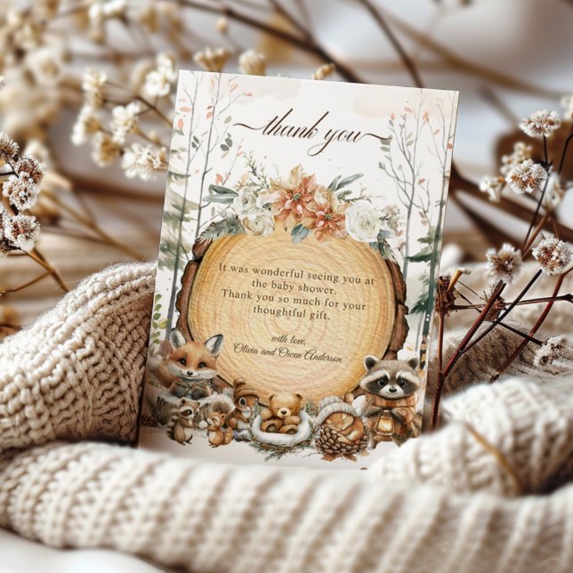 Carte De Remerciements Hiver Wonderland Baby shower des animaux de bois (Créateur téléchargé)