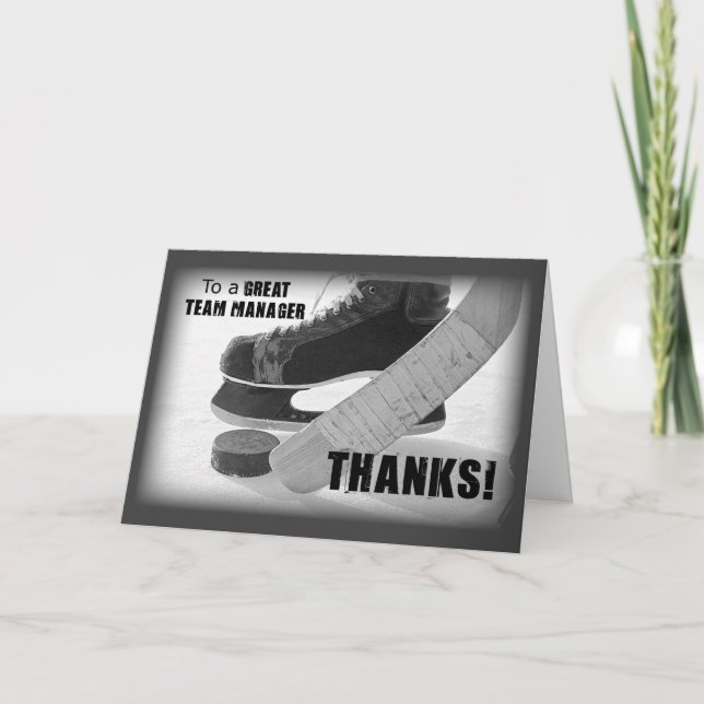 Carte De Remerciements Hockey Manager Merci, Patins, Stick et Puck (Devant)