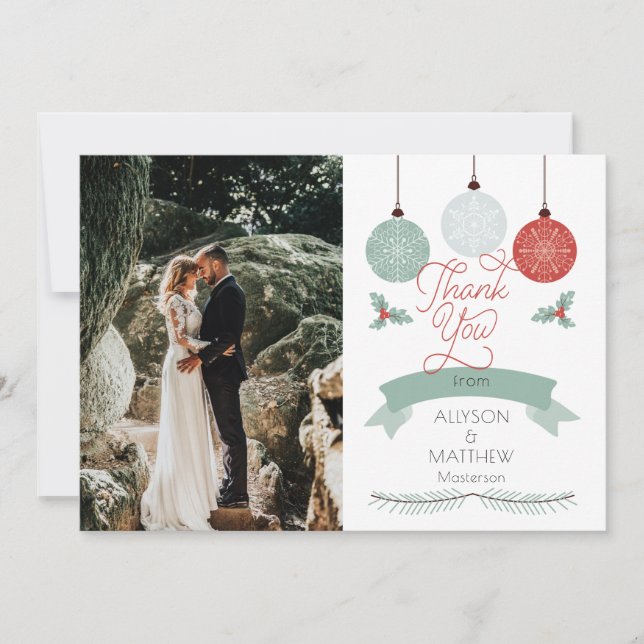 Carte De Remerciements Holly et Berries |Merci photo Mariage Baubles (Devant)