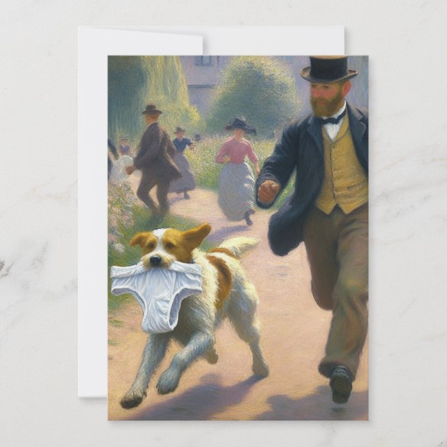 Carte De Remerciements Homme pourchassant chien avec sous-vêtements (Devant)