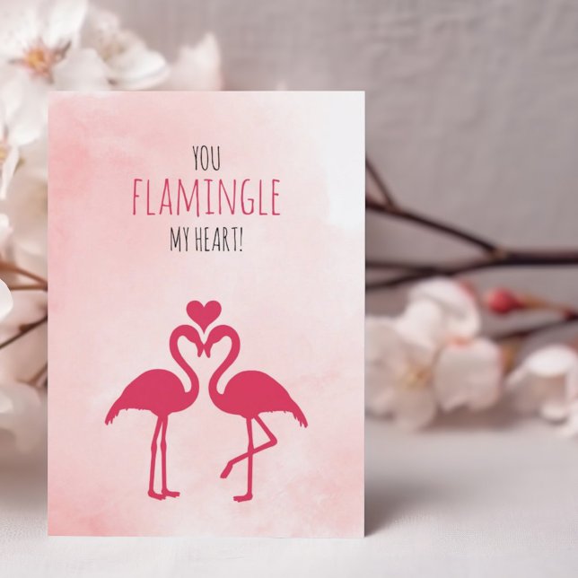 Carte De Remerciements Humoristique drôle Valentine's Day Card Flamants r (Humorous funny Happy Valentine's Day folded greeting card with pink loving flamingos and heart.)