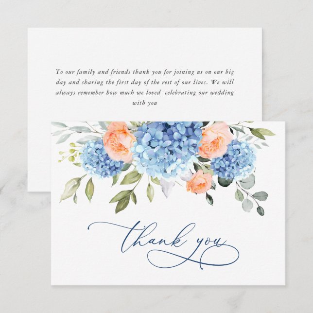 Carte De Remerciements Hydrangea Bleue Élégante Roses Fleurs Rose Pale (Devant / Derrière)