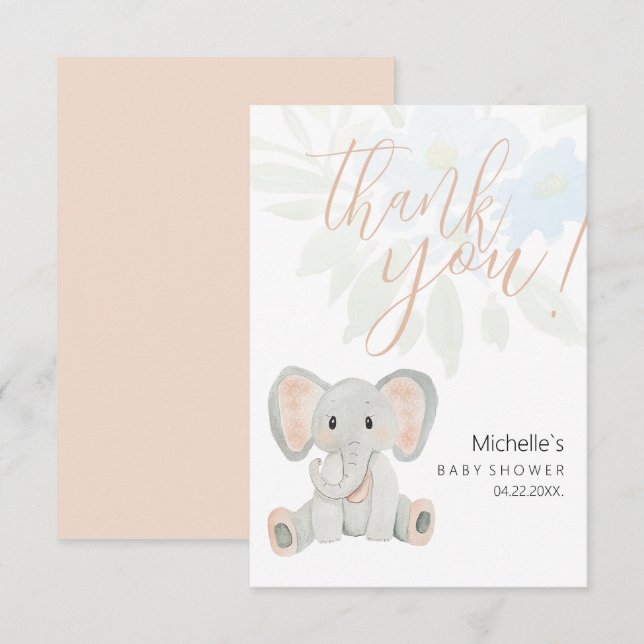 Carte De Remerciements Illustration de l'aquarelle de l'éléphant à blanc  (Devant / Derrière)