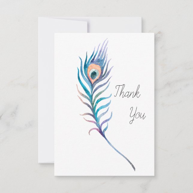 Carte De Remerciements Illustration de plumes de paon bleu aquarelle (Devant)