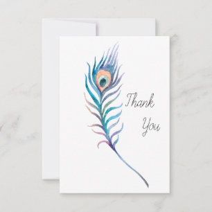 Carte De Remerciements Illustration de plumes de paon bleu aquarelle
