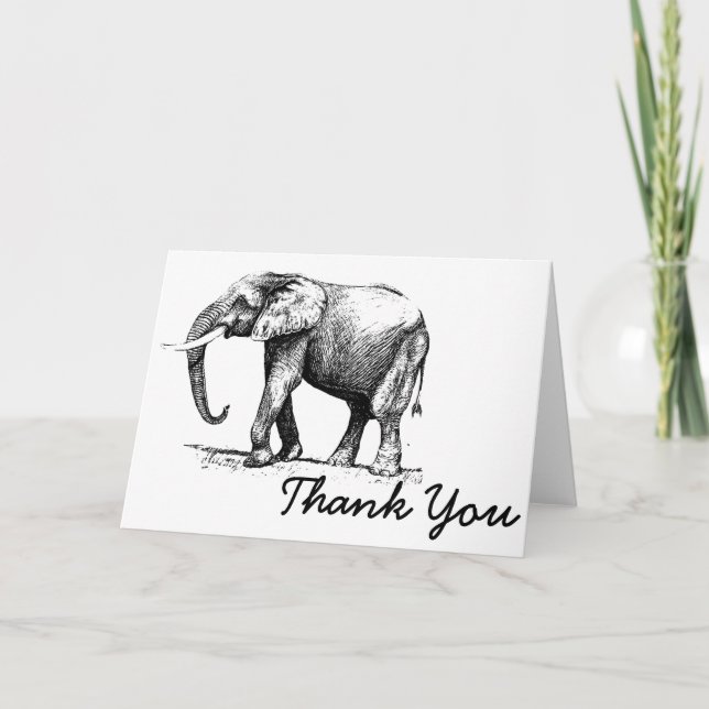 Carte De Remerciements Illustration Noire D'Un Éléphant (Devant)
