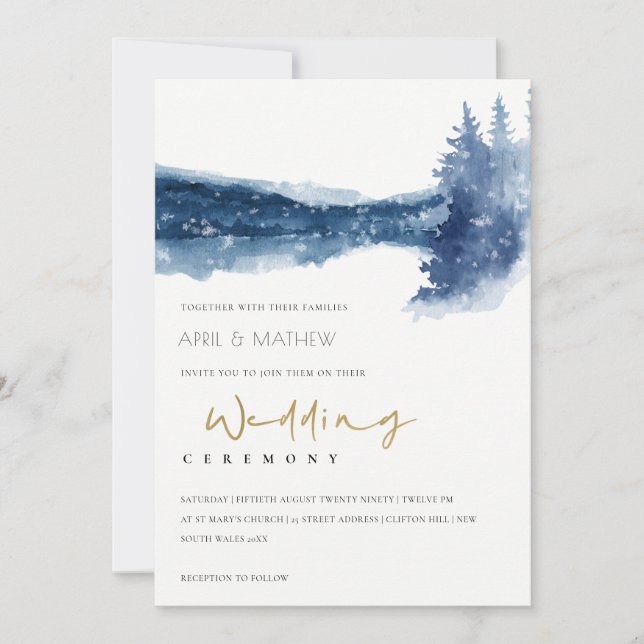 CARTE DE REMERCIEMENTS INDIGO INK BLUE MOUNTAIN LAKE NEIGE MARIAGE INVITE (Devant)