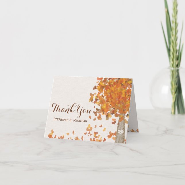 Carte De Remerciements Initiales de l'arbre sculpté Mariage de automne Me (Devant)