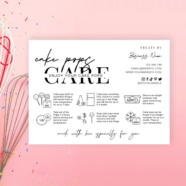 Carte De Remerciements Instructions sur les côtelettes de gâteau Boulange (Minimalist black and white cake pops care & storage guide for your bakery)