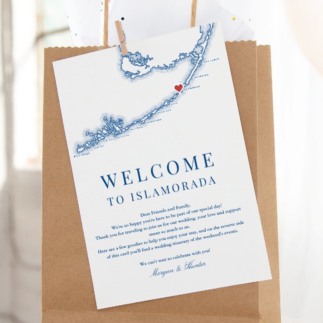 Carte De Remerciements Itinéraire de bienvenue du Mariage bleu de la mari (Islamorada Florida Keys Wedding Welcome Letter Weekend Schedule in Elegant Navy Blue )