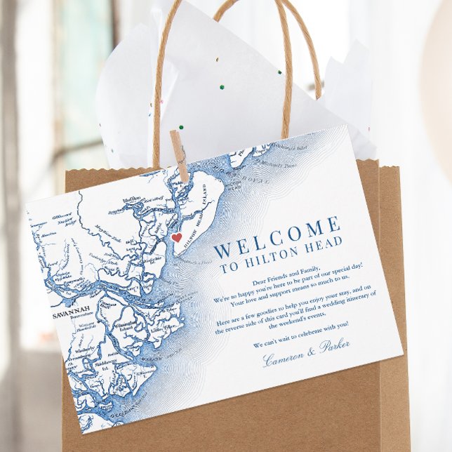 Carte De Remerciements Itinéraire de bienvenue du Mariage Hilton Head Nav (Elegant HIlton Head Wedding Welcome Letter with wedding weekend itinerary with South Carolina map)