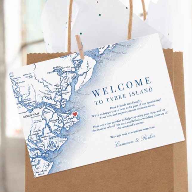 Carte De Remerciements Itinéraire de bienvenue pour le Mariage de la Mari (Elegant Tybee Island Georgia Wedding Weekend Itinerary Card and Welcome letter with navy blue map)