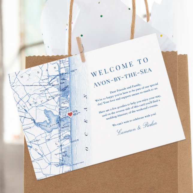 Carte De Remerciements Itinéraire de bienvenue pour le Mariage de la mari (Avon-by-the-sea NJ Map Wedding Welcome Letter and Weekend Events Itinerary in Elegant Navy Blue)