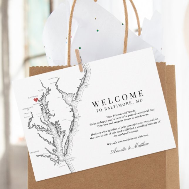 Carte De Remerciements Itinéraire de bienvenue pour le Mariage du Marylan (Baltimore Maryland Map wedding welcome letter and itinerary schedule of events in black and white)