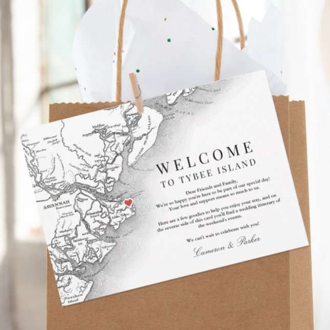 Carte De Remerciements Itinéraire de bienvenue pour les Mariages de l'île (Elegant Tybee Island Georgia Wedding Weekend Itinerary Card and Welcome letter in black and white )