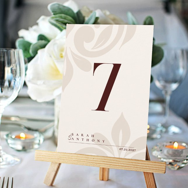 Carte De Remerciements Ivory Burgundy Classic Elegant Damask Table Number (Créateur téléchargé)