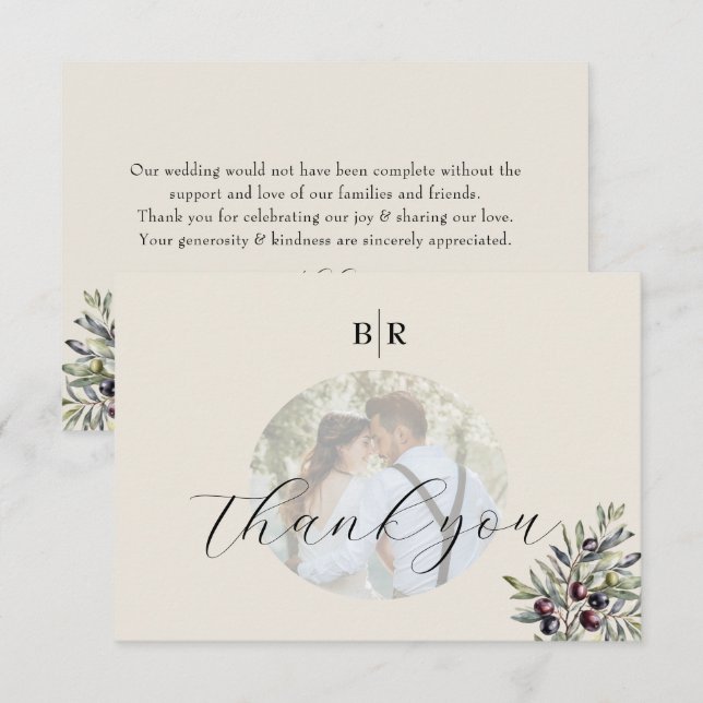 Carte De Remerciements Ivory Olive Photo Monogram Wedding (Devant / Derrière)