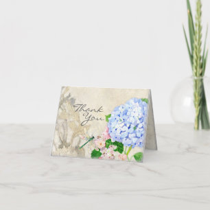 Carte De Remerciements Jardin anglais, aquarelle rose bleue d'hortensias