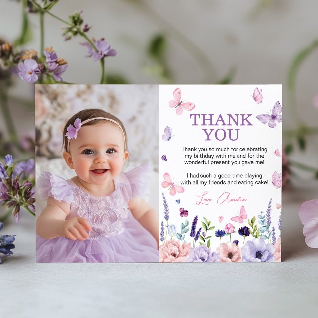 Carte De Remerciements Jardin aux papillons floraux Photo fête d'annivers (Créateur téléchargé)