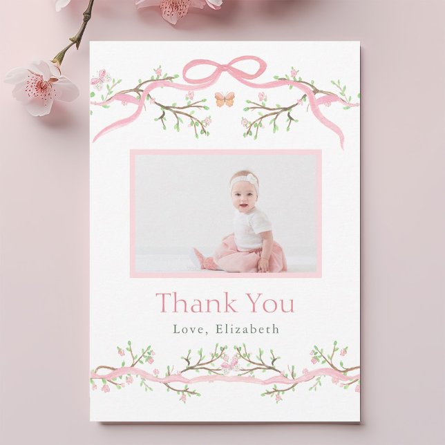 Carte De Remerciements Jardin de printemps rose et vert 1er anniversaire  (Créateur téléchargé)