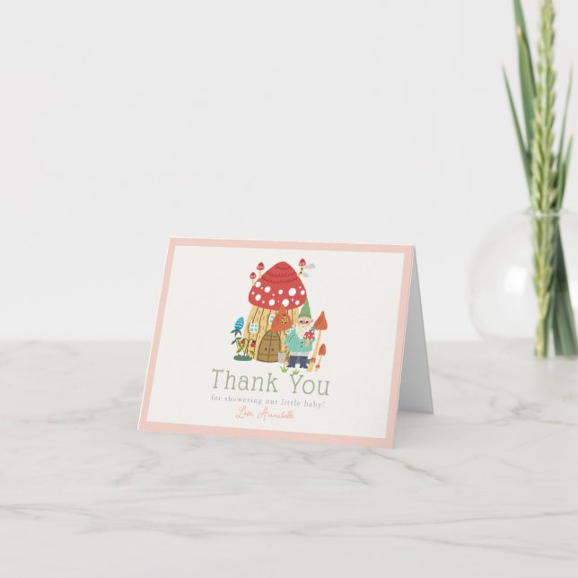 Carte De Remerciements Jardin Gnome Champignons Baby shower fille rose (Devant)