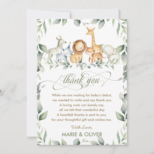 Carte De Remerciements Jardin Vert Jungle Animaux Baby shower Anniversair (Devant)