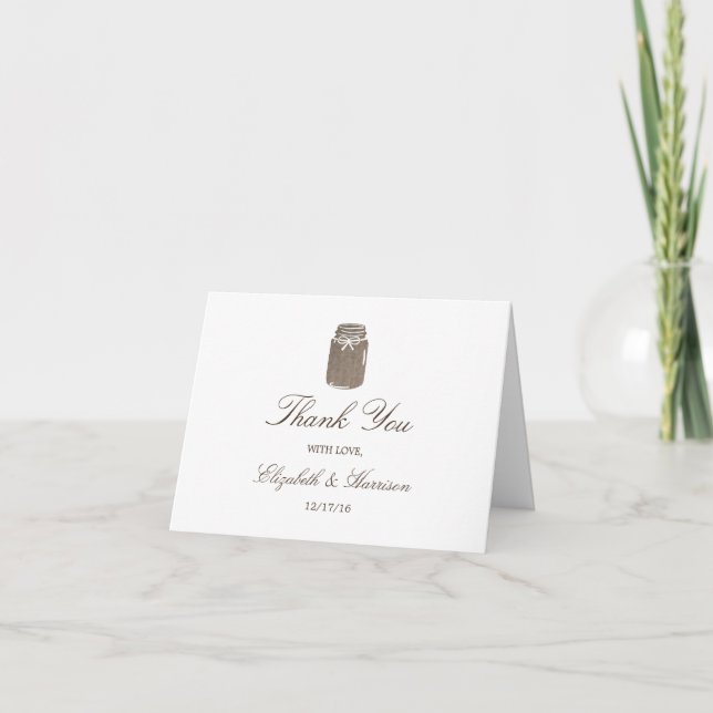 Carte De Remerciements Jarre de maçon en toile de jute rustique Mariage M (Devant)