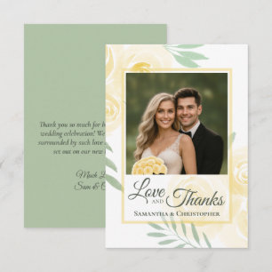 Carte De Remerciements Jaune Beurre & Roses Sauge Photo & Note Mariage