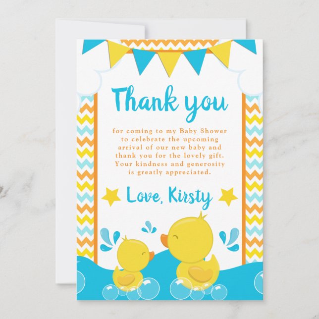 Carte De Remerciements Jaune et Bleu Caoutchouc Ducky Polka Dot Baby show (Devant)