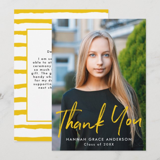 Carte De Remerciements Jaune | Graduation photo de script de pinceau mode (Devant / Derrière)