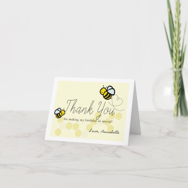 Carte De Remerciements Jaune mignon de coeur d'anniversaire d'abeille de (Devant)