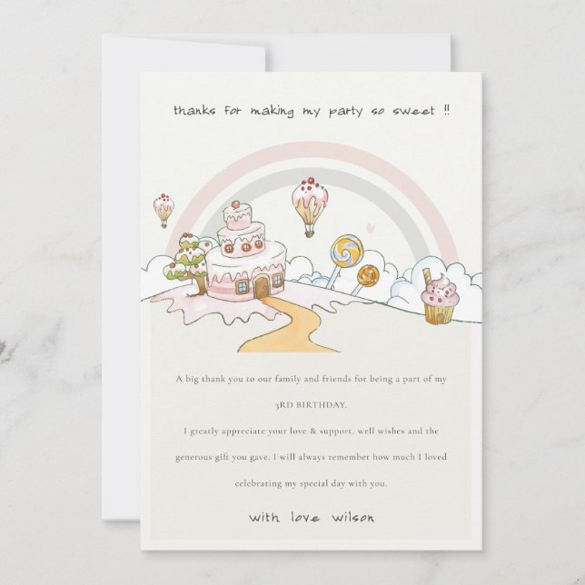 Carte De Remerciements Joli Anniversaire Enfants Terre de Bonbons Temps S (Devant)