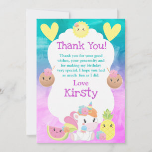 Carte De Remerciements Joli Anniversaire Licorne Tropicale D'été Kawaii