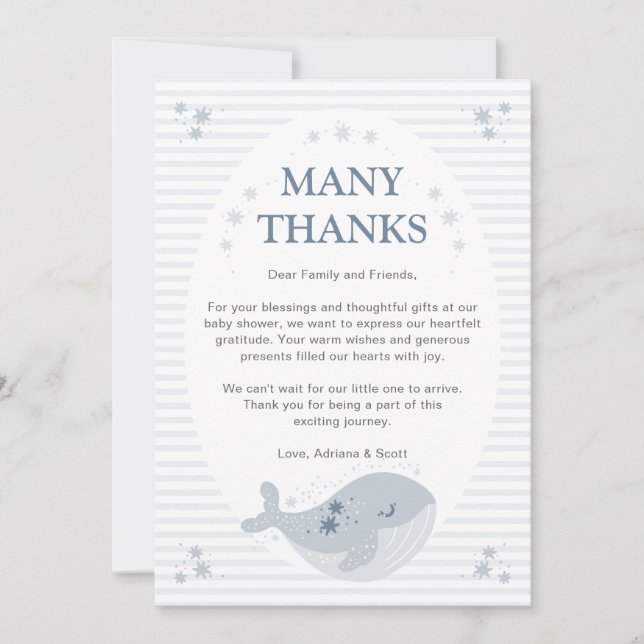 Carte De Remerciements Joli Baby shower de garçon bleu baleine (Devant)